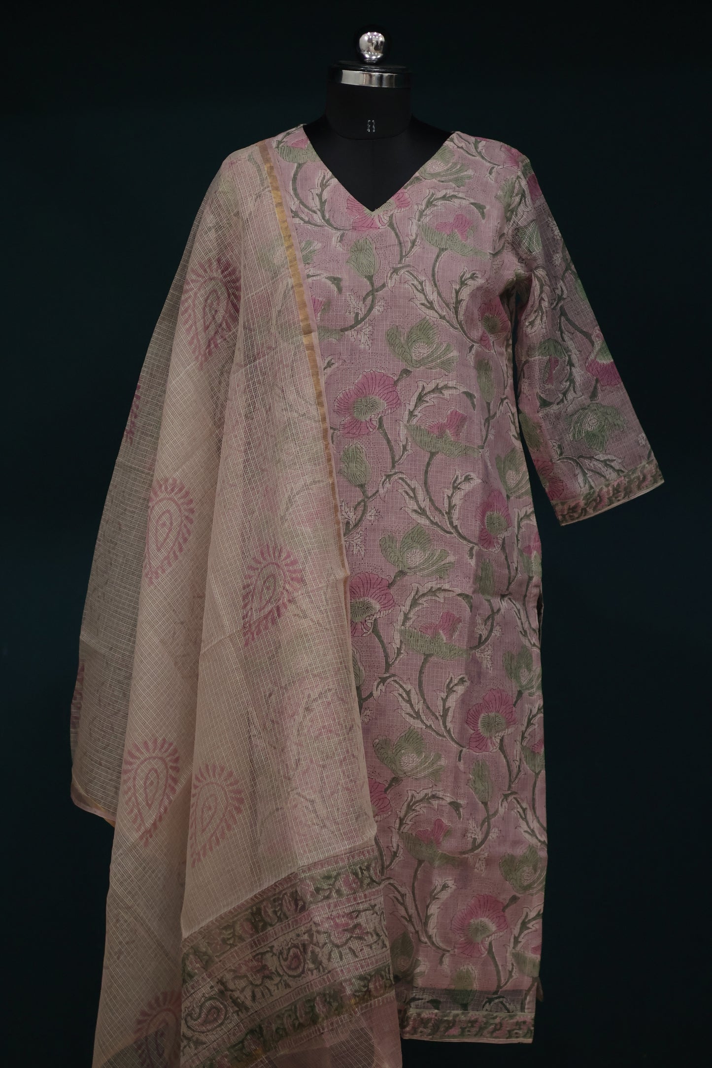 Pastel Handblock printed kota 3 piece suit (stitched)