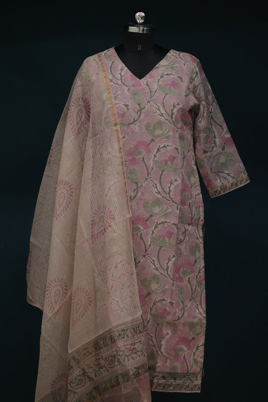 Pastel Handblock printed kota 3 piece suit (stitched)