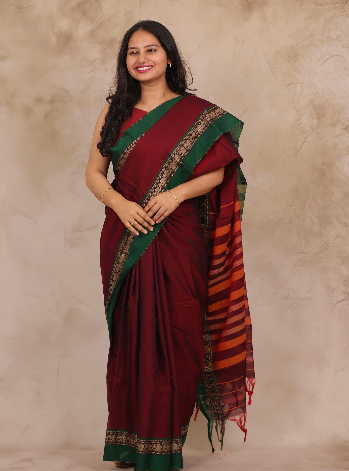 Maroon Narayanpet Cotton Saree with Elephant Border | Looms & Tassels