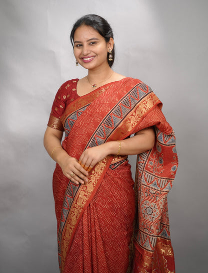 Maroon Ajrakh Handblock printed Dola Silk Saree| Looms & Tassels