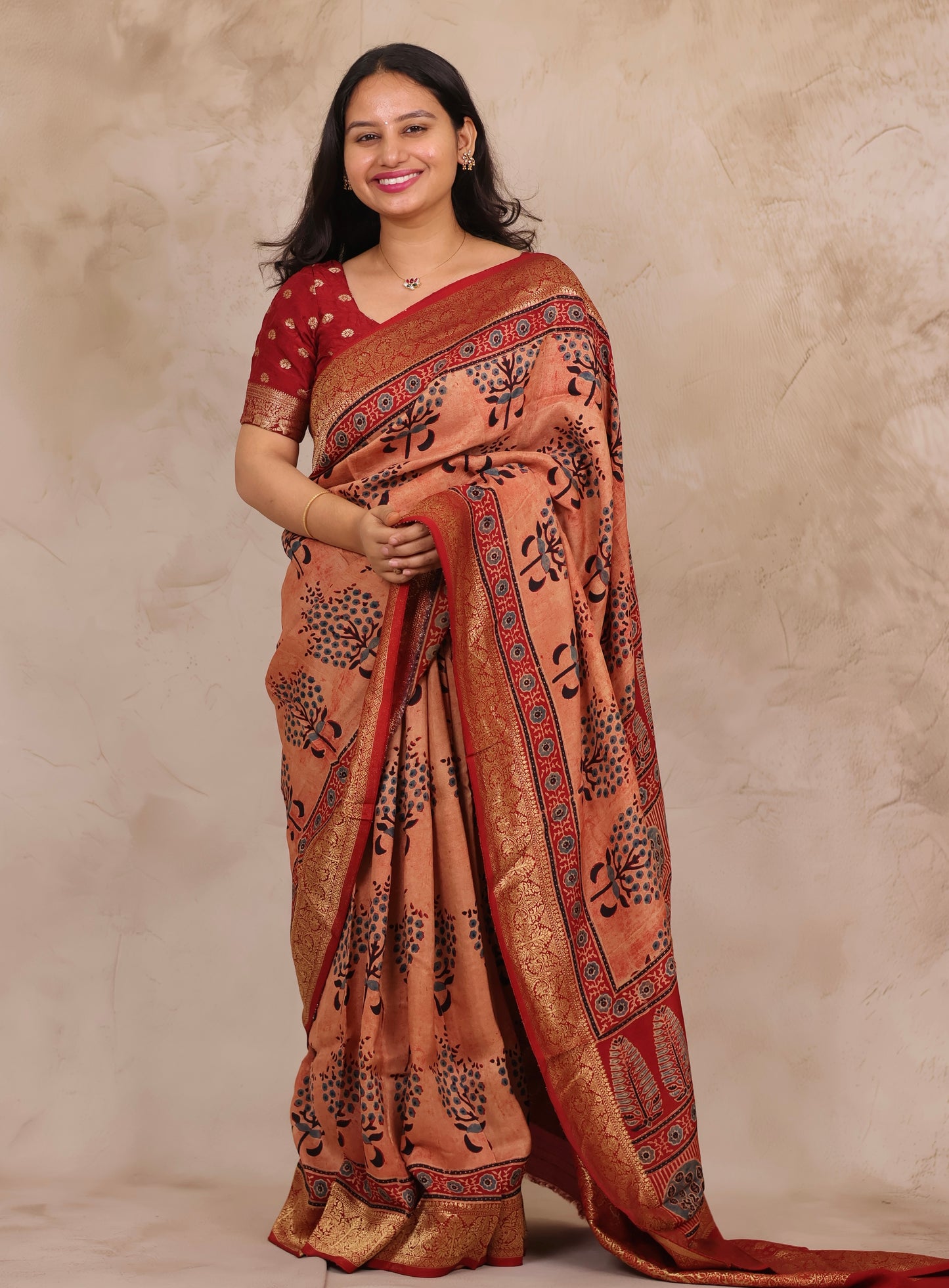 Onion Pink Ajrakh Handblock printed Dola Silk Saree | Looms & Tassels