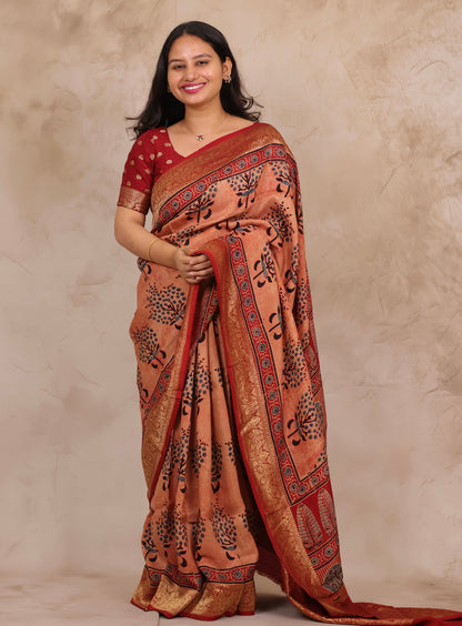 Onion Pink Ajrakh Handblock printed Dola Silk Saree | Looms & Tassels