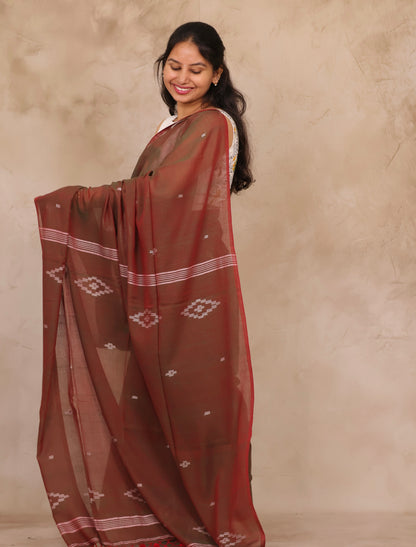 Dual Shade Brown Malai Cotton Saree with Butta Weaving | Looms & Tassels