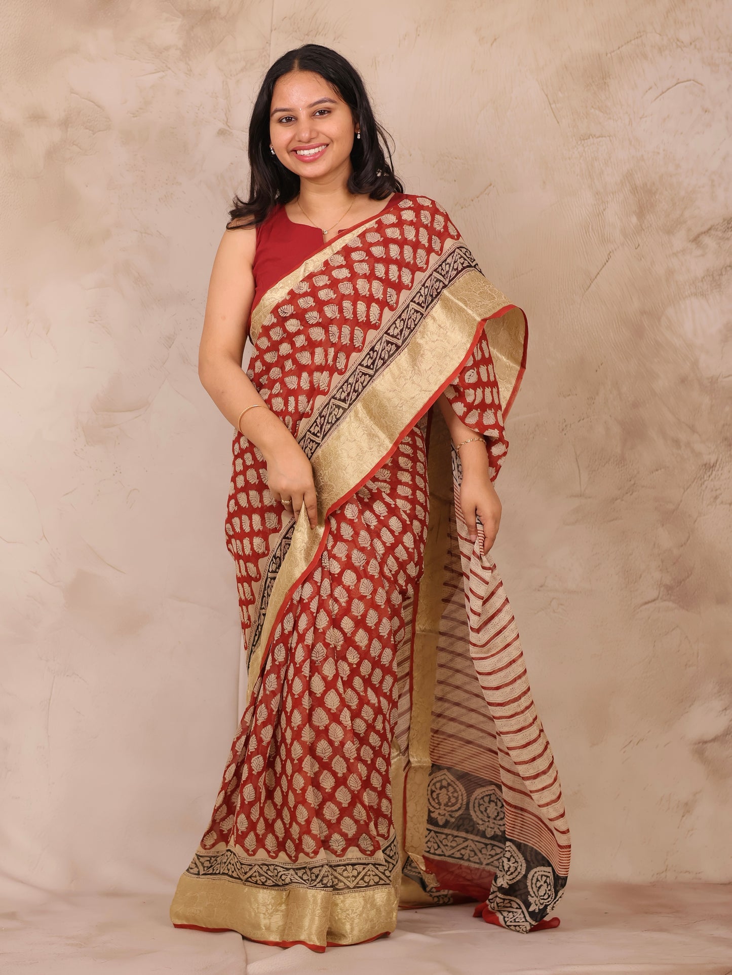 Maroon Chiffon Hand Block Printed Saree with Jari Border | Looms & Tassels