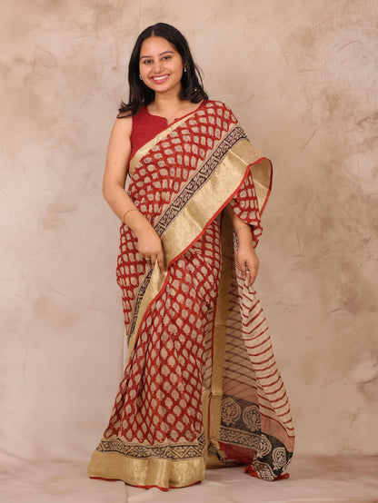 Maroon Chiffon Hand Block Printed Saree with Jari Border | Looms & Tassels