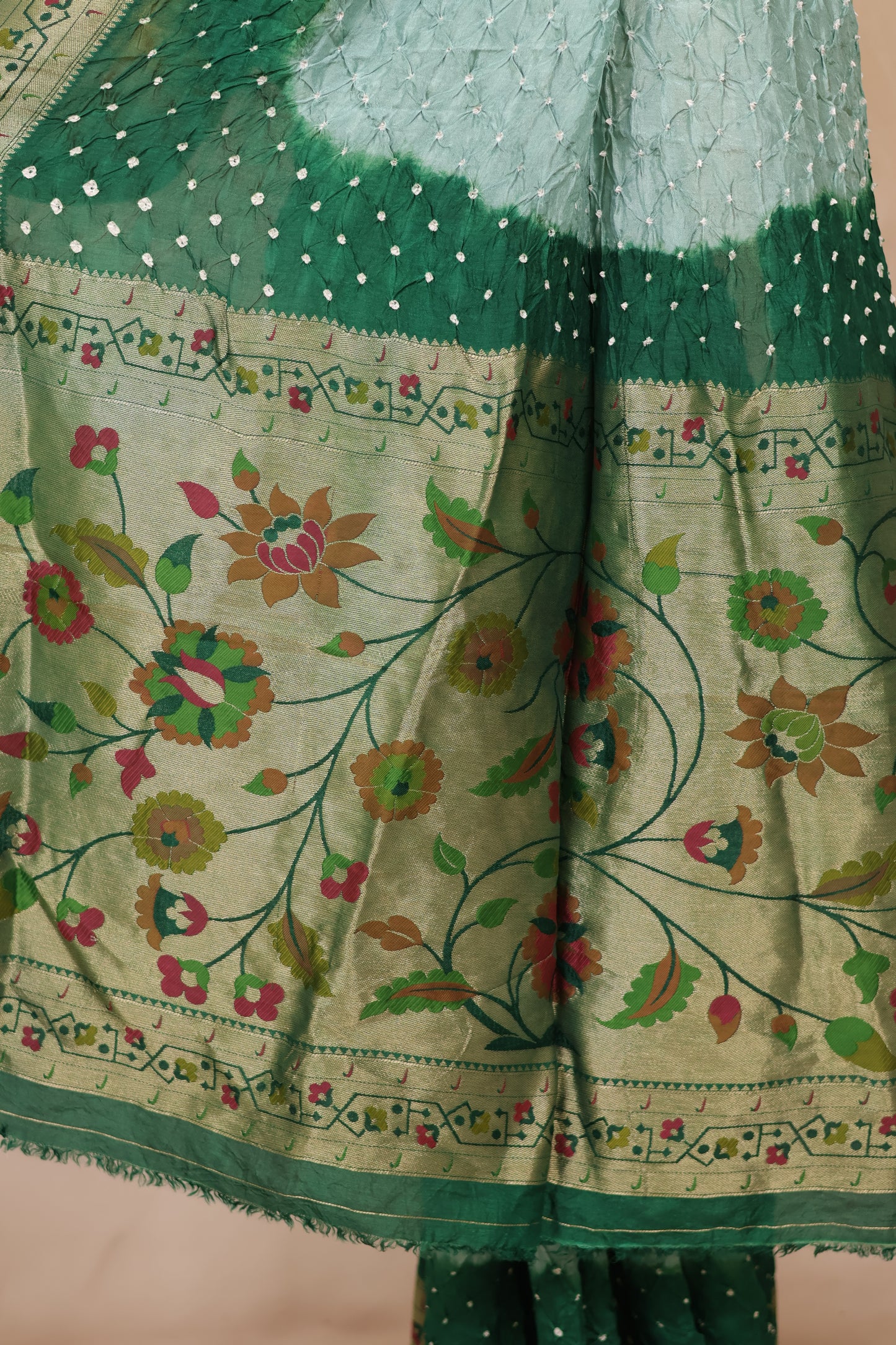 Green & Peach Handcrafted Bandhani Paithani Dola Silk Saree | Looms & Tassels