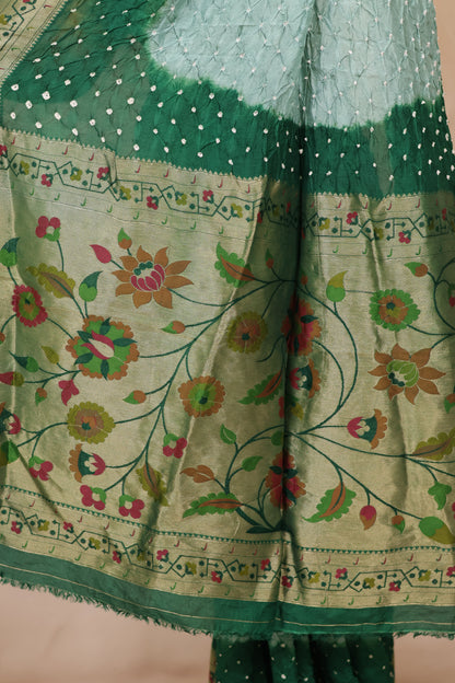 Green & Peach Handcrafted Bandhani Paithani Dola Silk Saree | Looms & Tassels