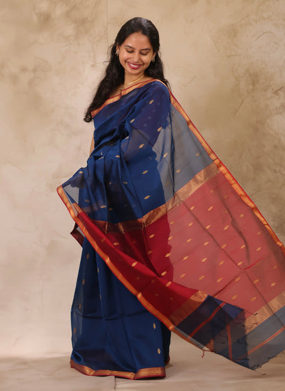 Rama Blue Handloom Maheswari Silk Cotton Sarees | Looms & Tassels