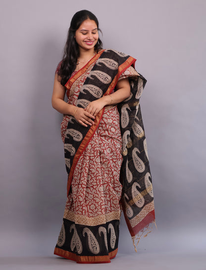 Red & Black Bagru Hand Block Printed Maheswari Silk Cotton Saree