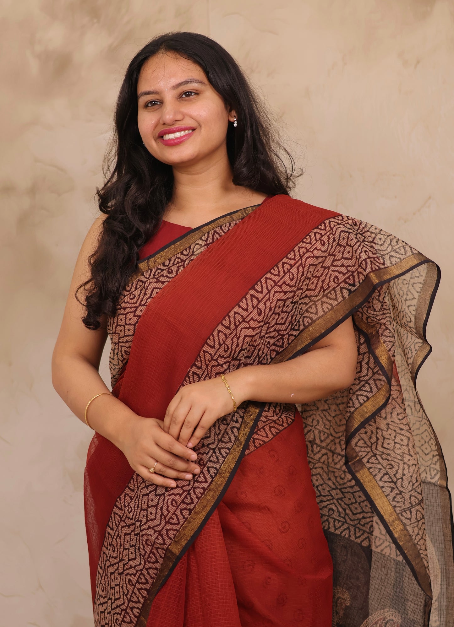 Maroon Pure Kota Doria Saree with Bagru Handblock Prints | Looms & Tassels