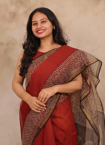 Maroon Pure Kota Doria Saree with Bagru Handblock Prints | Looms & Tassels
