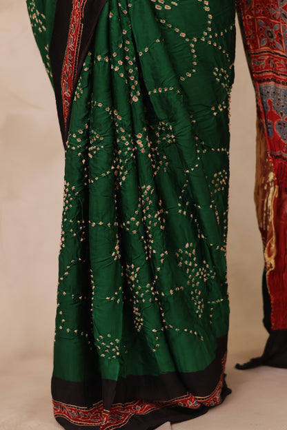 Green Hand Knotted Bandhej Arakh Modal Silk Saree with Lagdi Pallu | Looms & Tassels