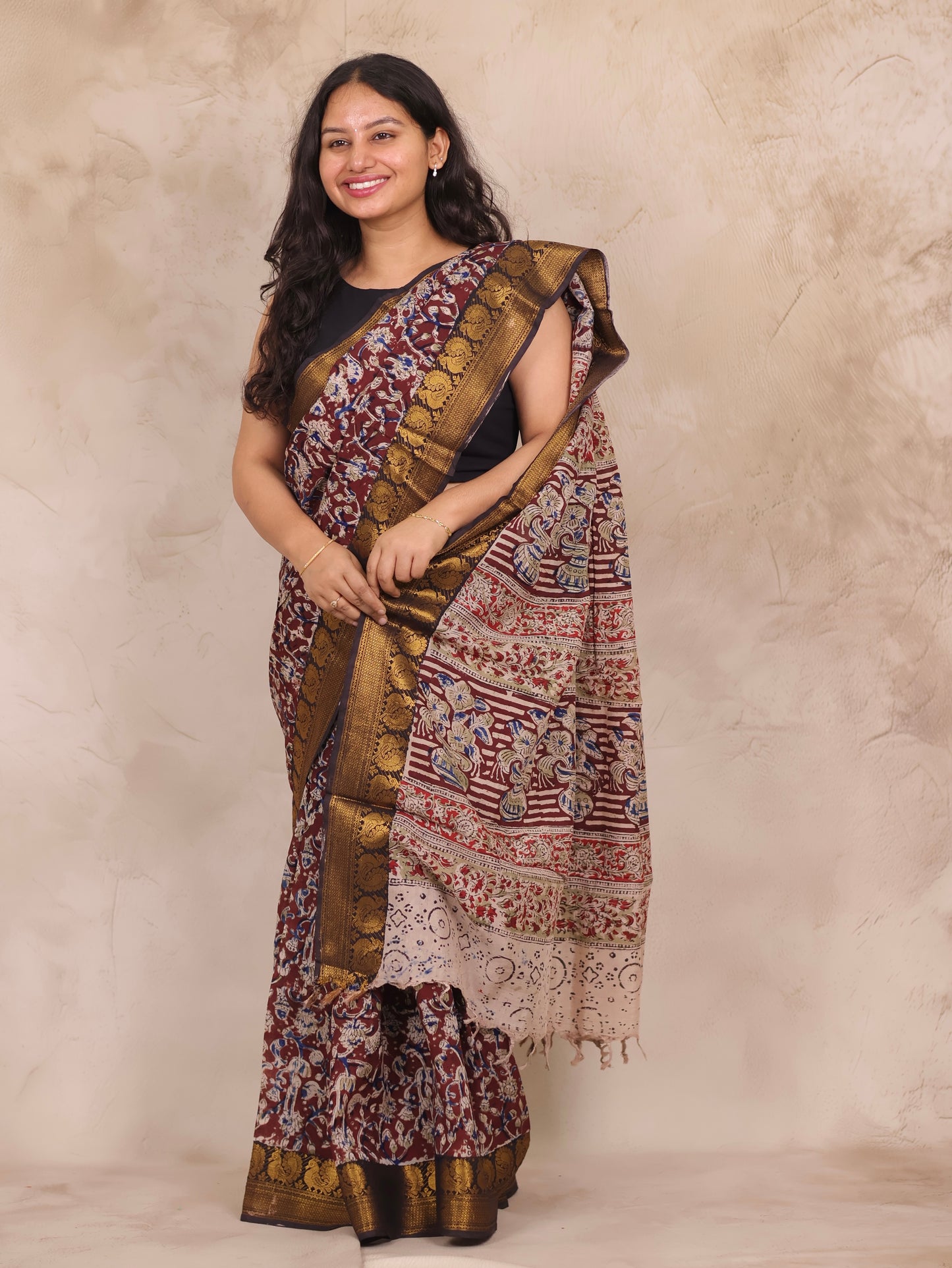 Hand Block Printed Kalamkari Kanchi Border Silk Saree