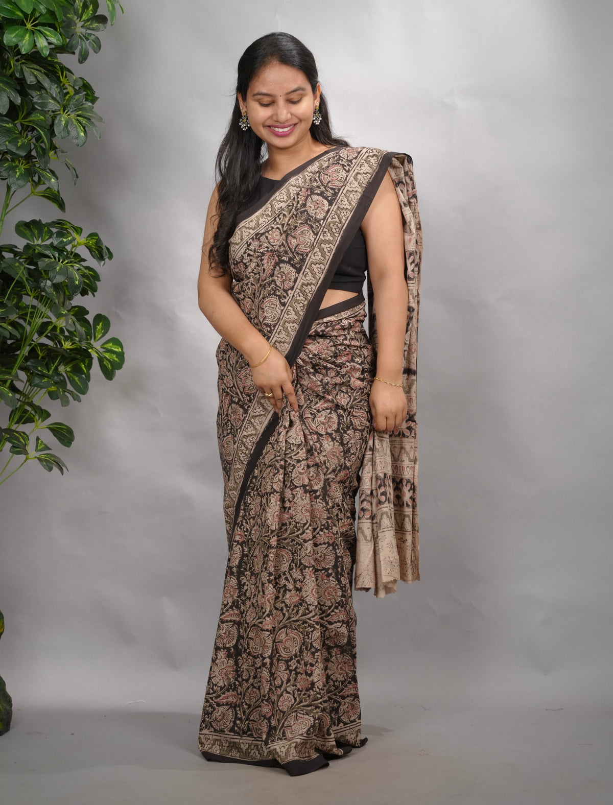 Light Black Hand Block Printed Kalamkari Cotton Saree | Looms & Tassels