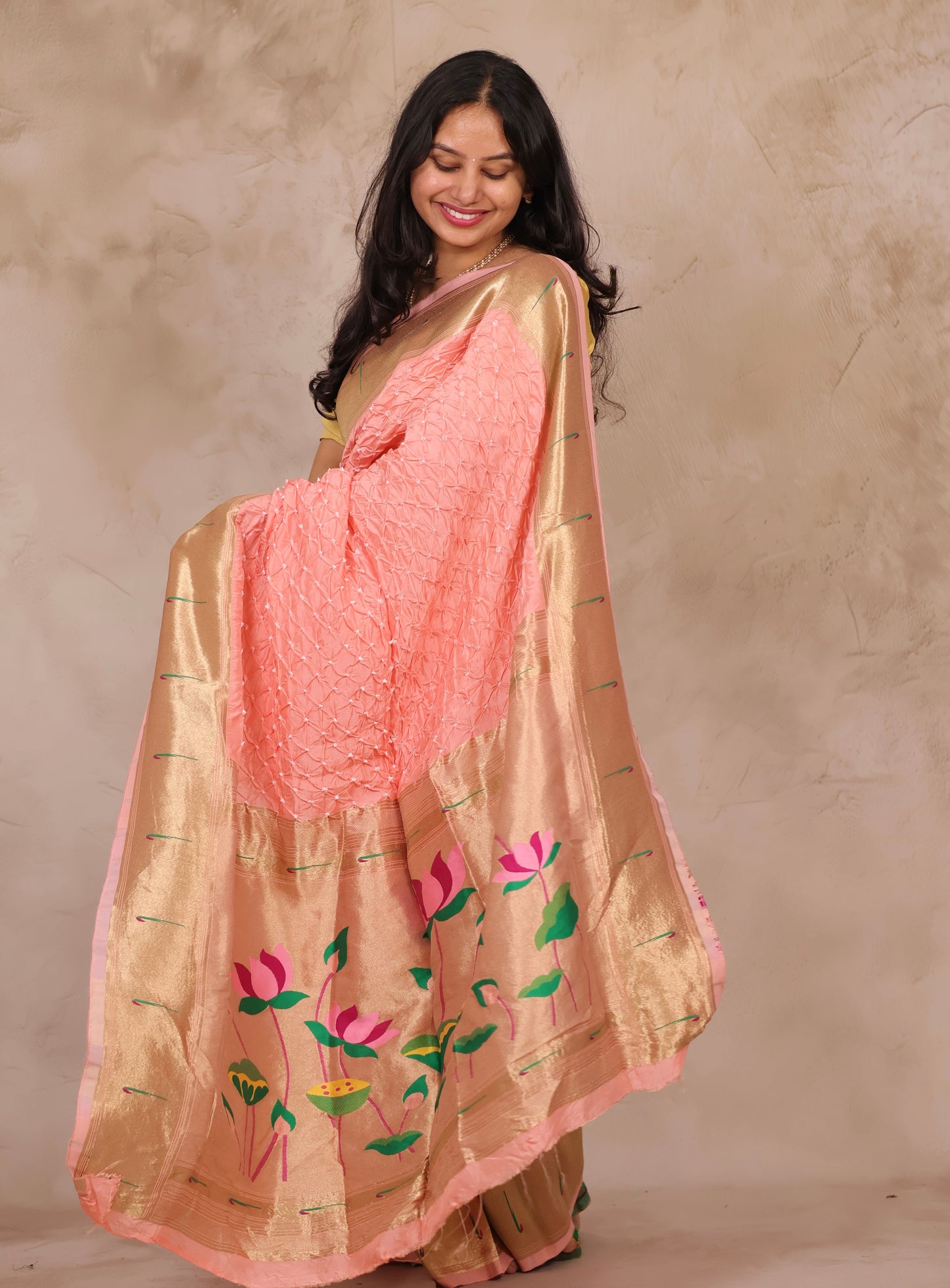 Pastel Handcrafted Bandhani Paithani Dola Silk Saree | Looms & Tassels