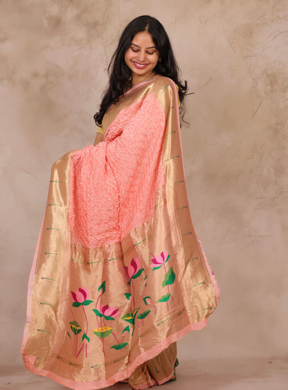 Pastel Handcrafted Bandhani Paithani Dola Silk Saree | Looms & Tassels