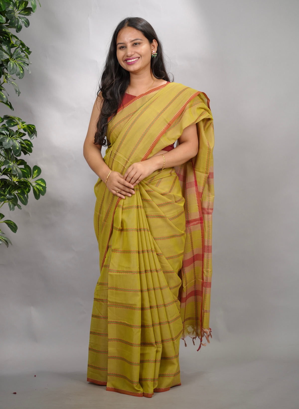 Olive Green Narayanpet Cotton Saree | Looms & Tassels