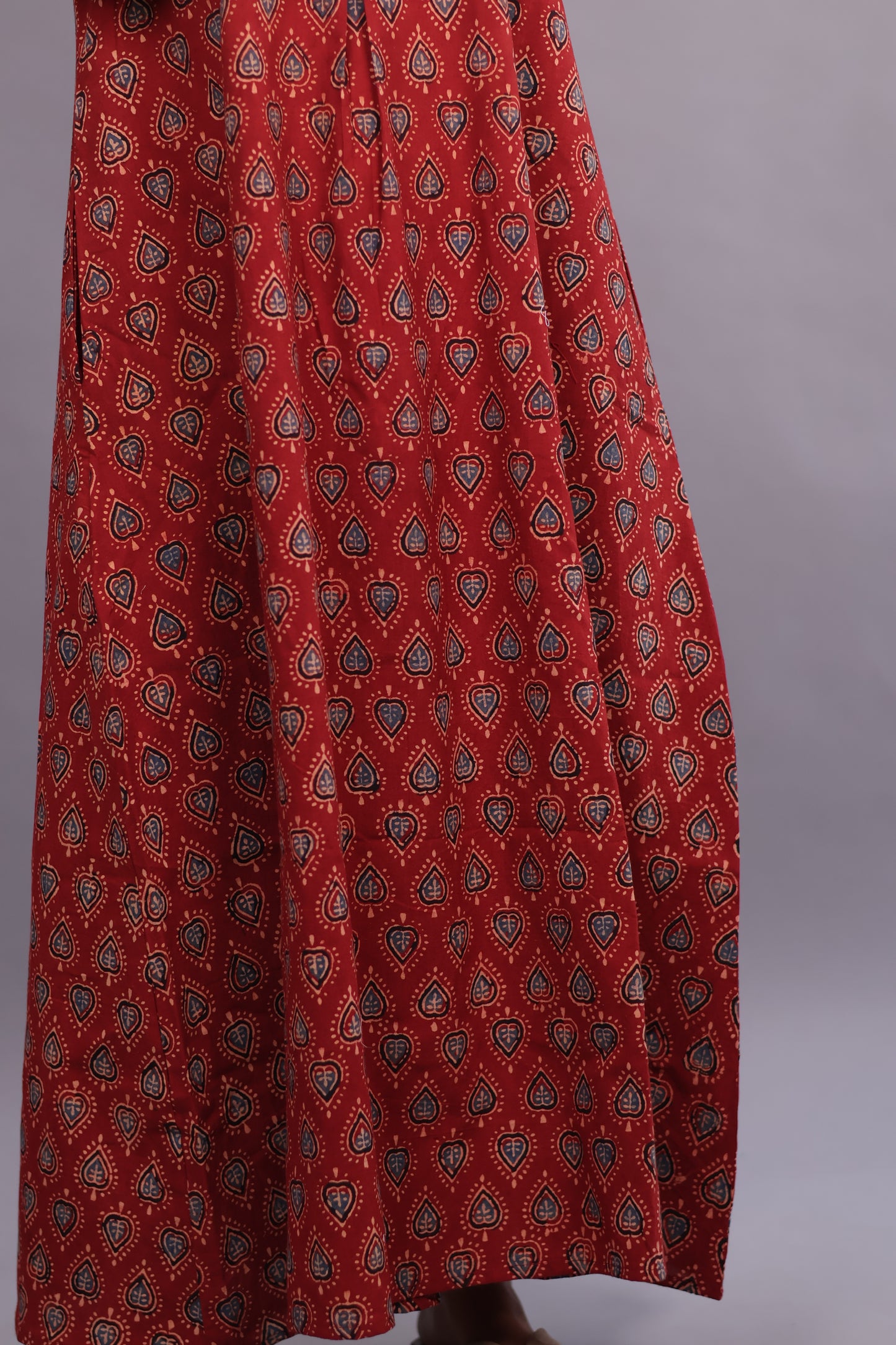 Red Ajrakh Handblock Printed A-Line Cotton Kurti – Elegant & Comfortable Ethnic Wear | Looms & Tassels
