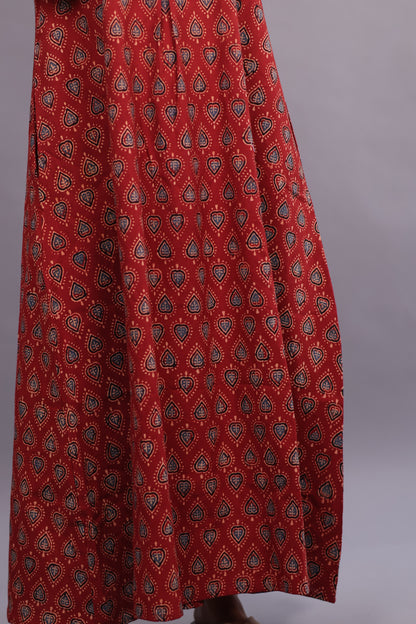 Red Ajrakh Handblock Printed A-Line Cotton Kurti – Elegant & Comfortable Ethnic Wear | Looms & Tassels