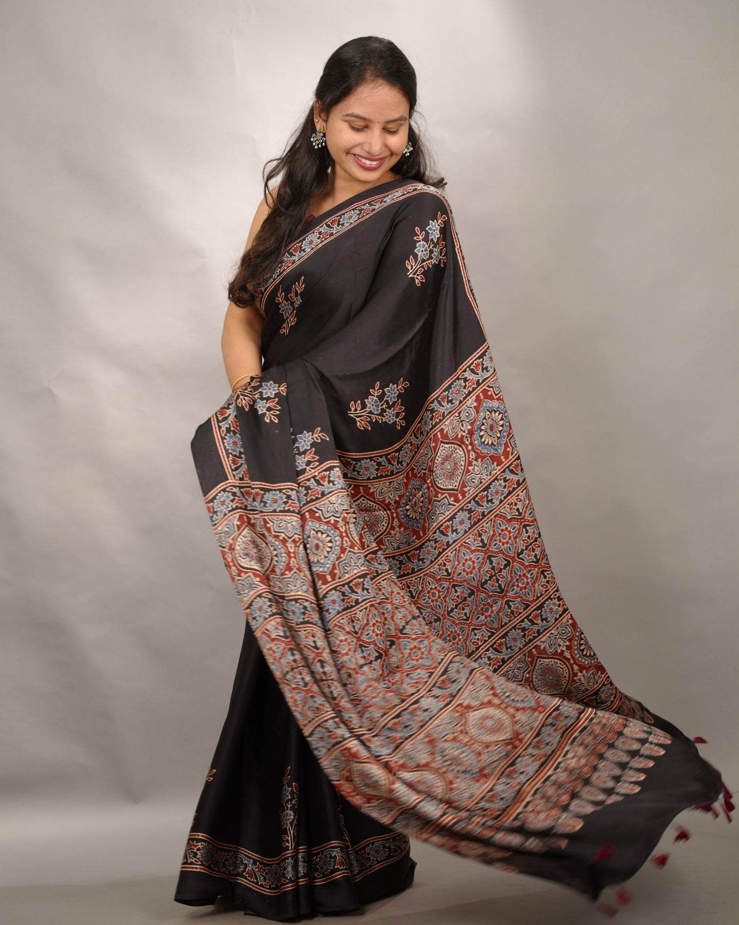 Black Authentic Ajrakh Handblock Printed Modal Silk Saree | Looms & Tassels