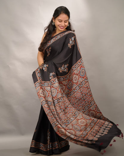 Black Authentic Ajrakh Handblock Printed Modal Silk Saree | Looms & Tassels