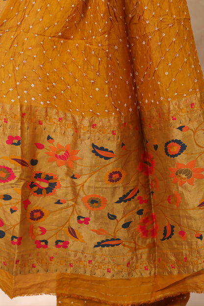 Mustard Handcrafted Bandhani Paithani Dola Silk Saree | Looms & Tassels