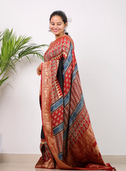 Black & Red Ajrakh Dola Silk Saree