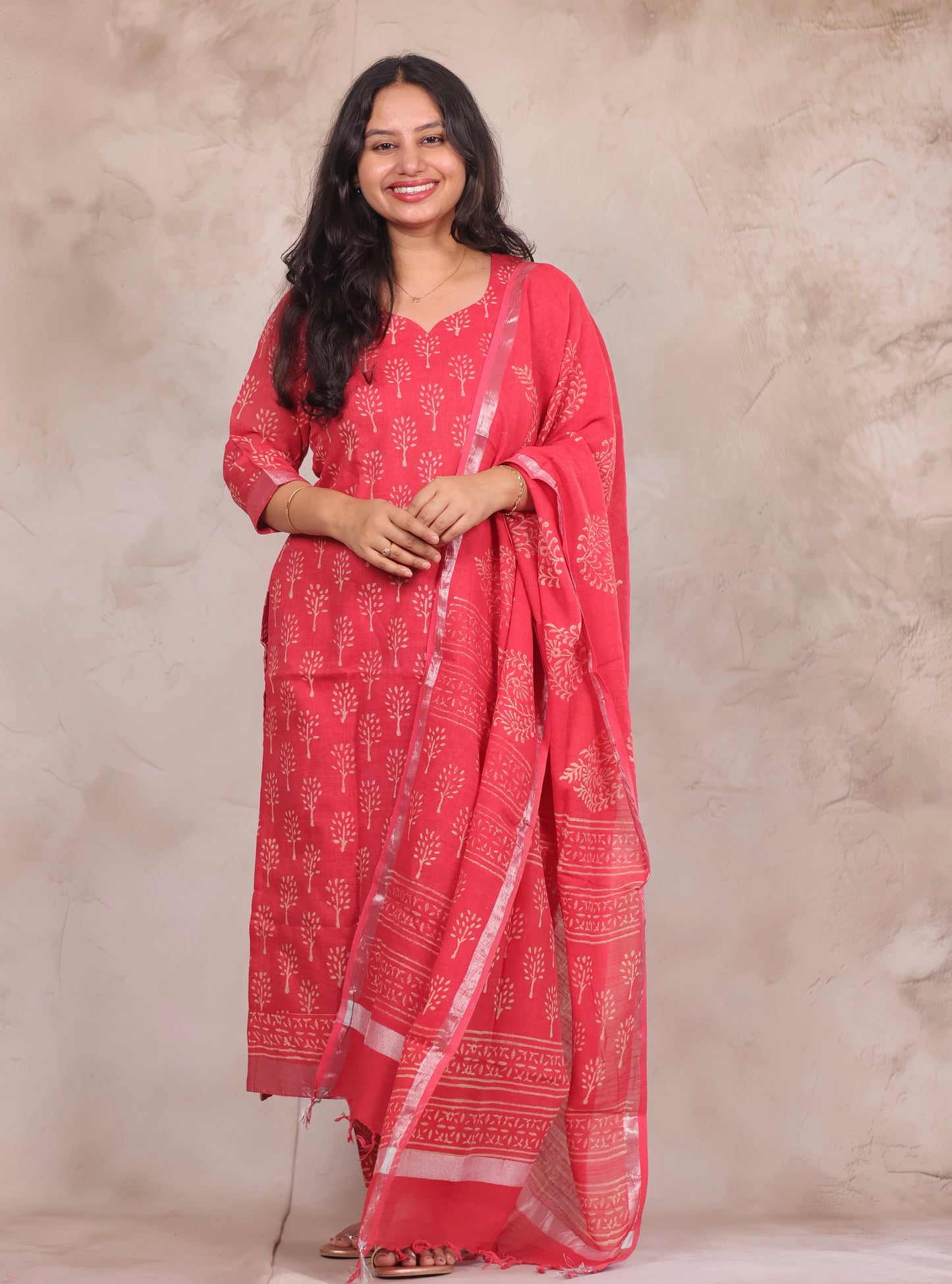 Pink Linen Cotton Handblock printed 3 piece suit (stitched)
