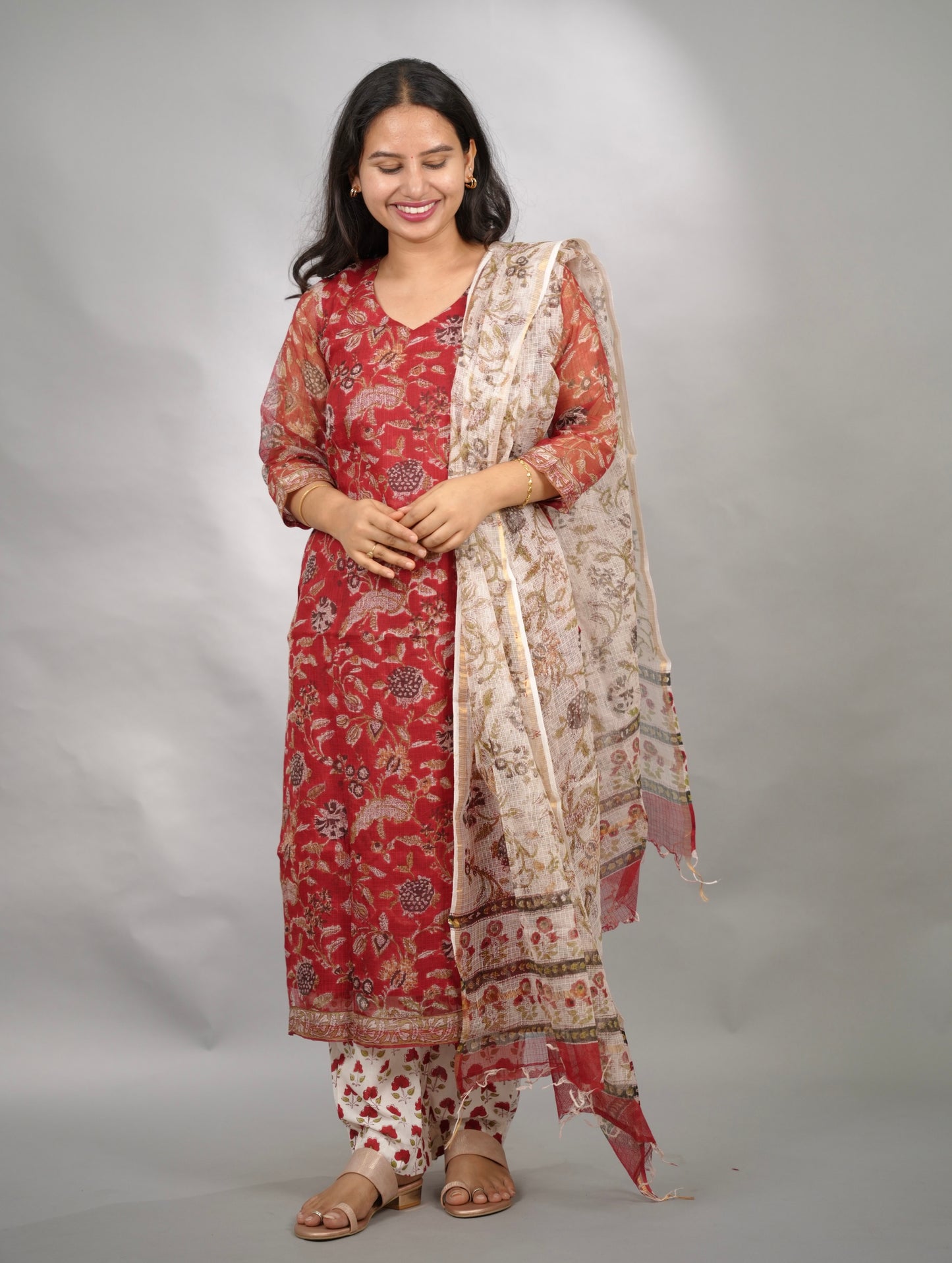 Red Handblock printed kota 3 piece suit (stitched)