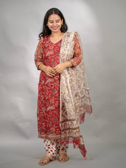 Red Handblock printed kota 3 piece suit (stitched)