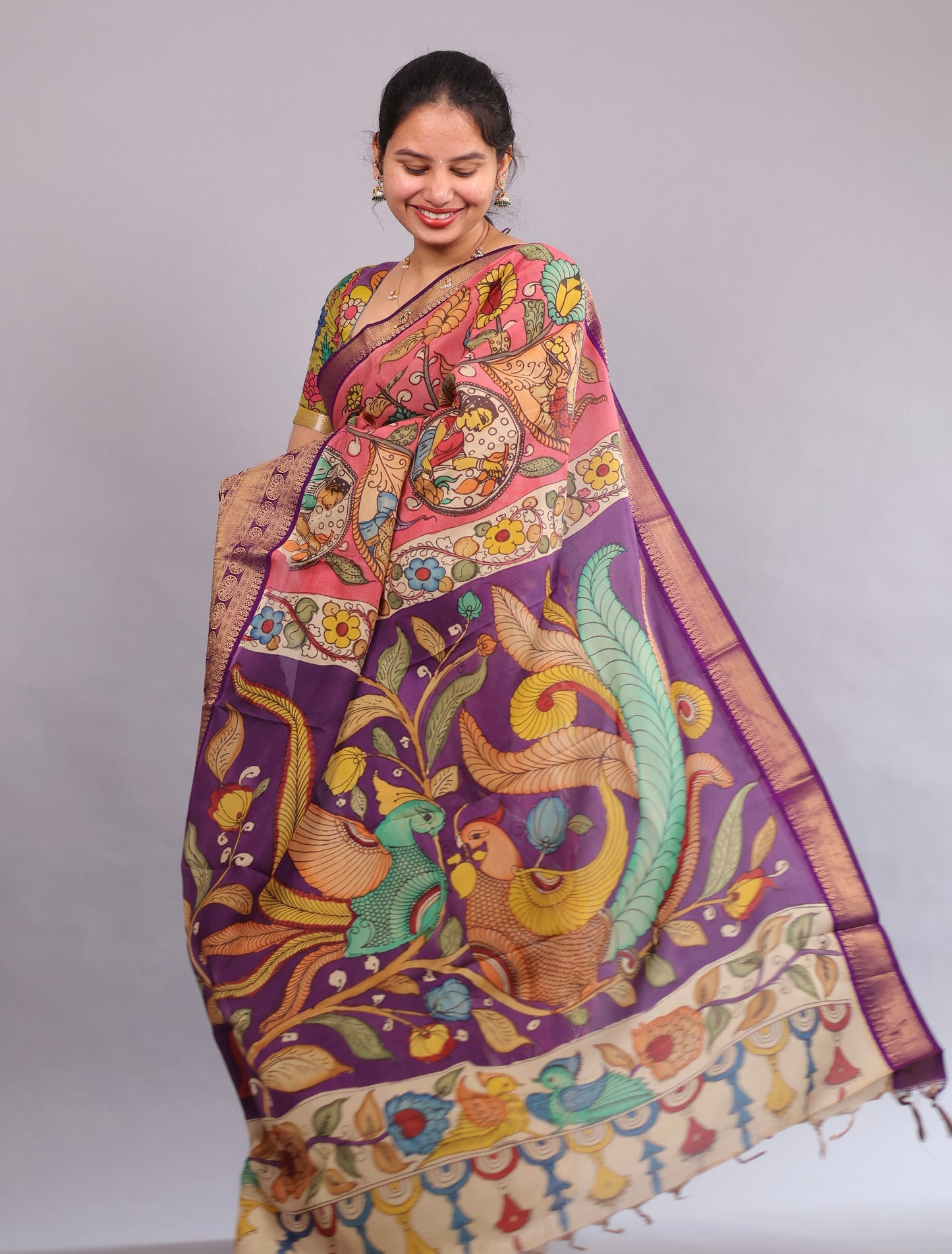 Pink Hand Painted Pen Kalamkari Silk Saree