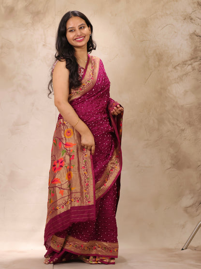 Magenta Handcrafted Bandhani Paithani Dola Silk Saree | Looms & Tassels