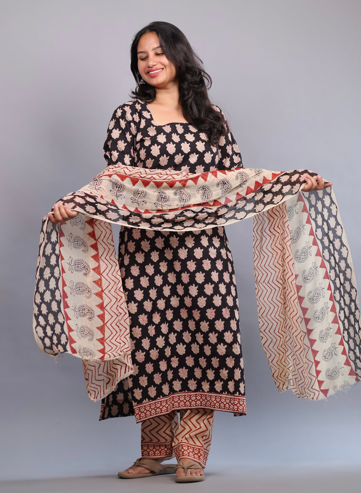 Black Handblock printed Pure Mul Cotton with chiffon Duppata 3 piece suit (stitched)