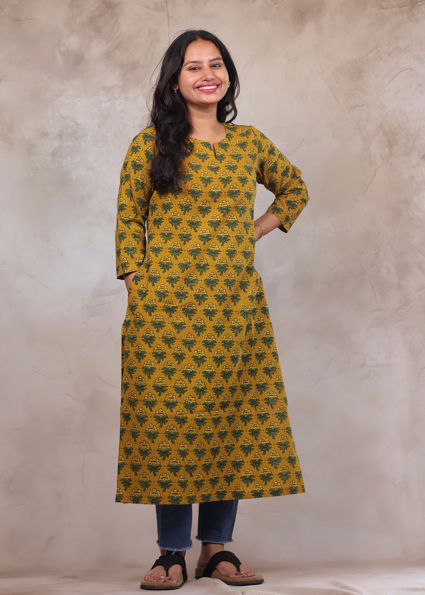 Yellow Ajrakh Hand Block Printed Kurti | Looms & Tassels