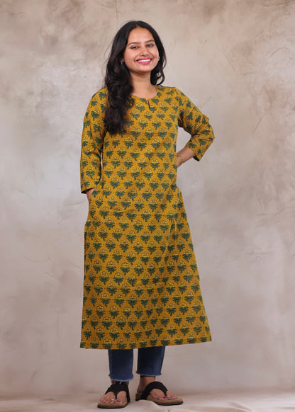 Yellow Ajrakh Hand Block Printed Kurti | Looms & Tassels