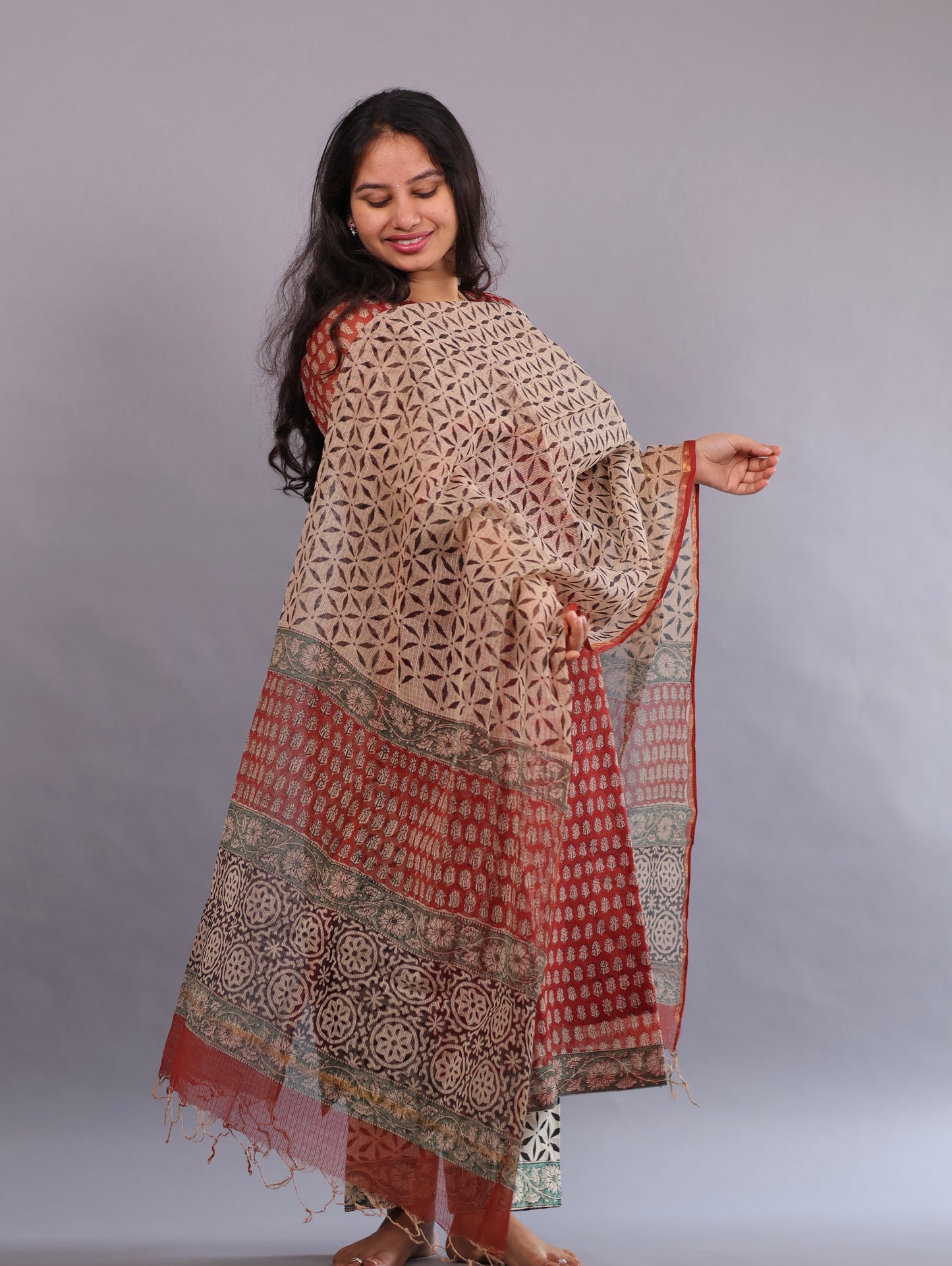 Handblock printed kota 3 piece suit (stitched)