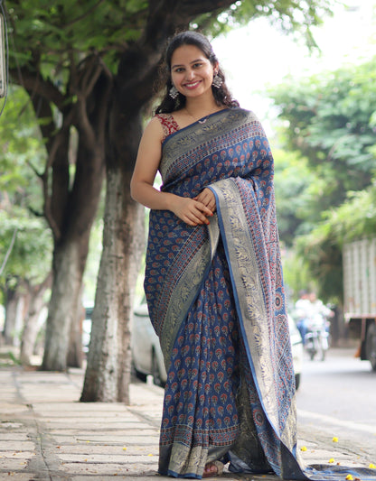 Blue Ajrakh Dola Silk Saree