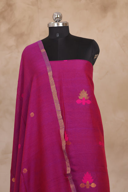 Magenta Pink Handwoven Jamdhani weaving pure Mercerised Malai cotton 2 piece suit sets | Looms & Tassels