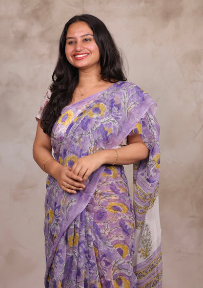 Lavender Chiffon Hand Block Printed Saree | Looms & Tassels