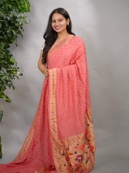 Handcrafted Bandhani Paithani Dola Silk Saree | Looms & Tassels
