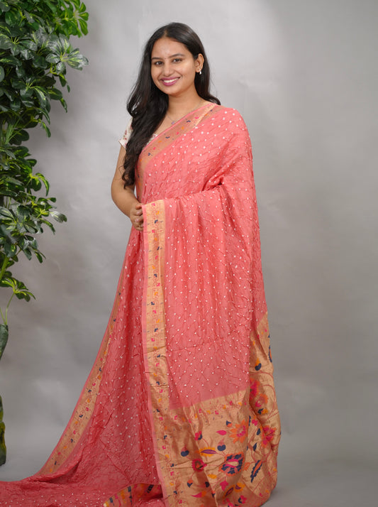 Peach Handcrafted Bandhani Paithani Dola Silk Saree | Looms & Tassels