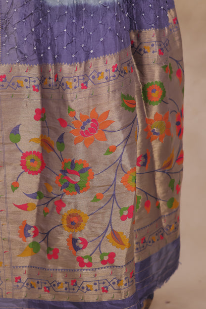 Blue & Grey Handcrafted Bandhani Paithani Dola Silk Saree | Looms & Tassels