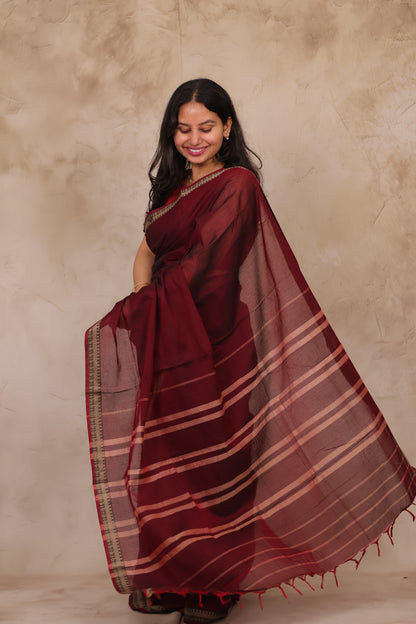 Maroon Narayanpet Cotton Saree | Looms & Tassels