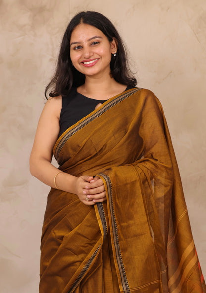 Mustard Narayanpet Cotton Saree | Looms & Tassels