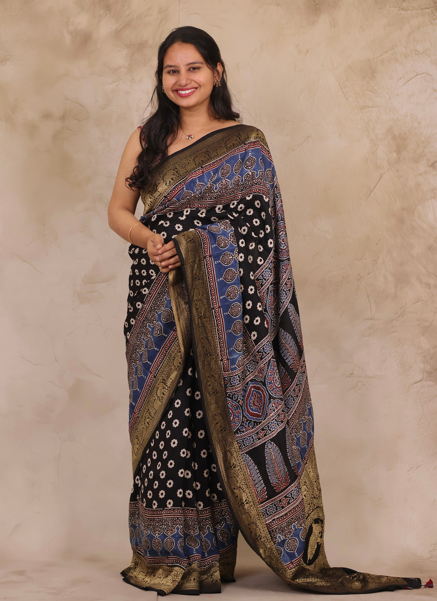 Black Ajrakh Handblock printed Dola Silk Saree | Looms & Tassels