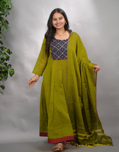Green Ajrakh Patch Work Narayanpet Cotton Anarkali Dress with Narayanpet Dupatta | Looms & Tassels