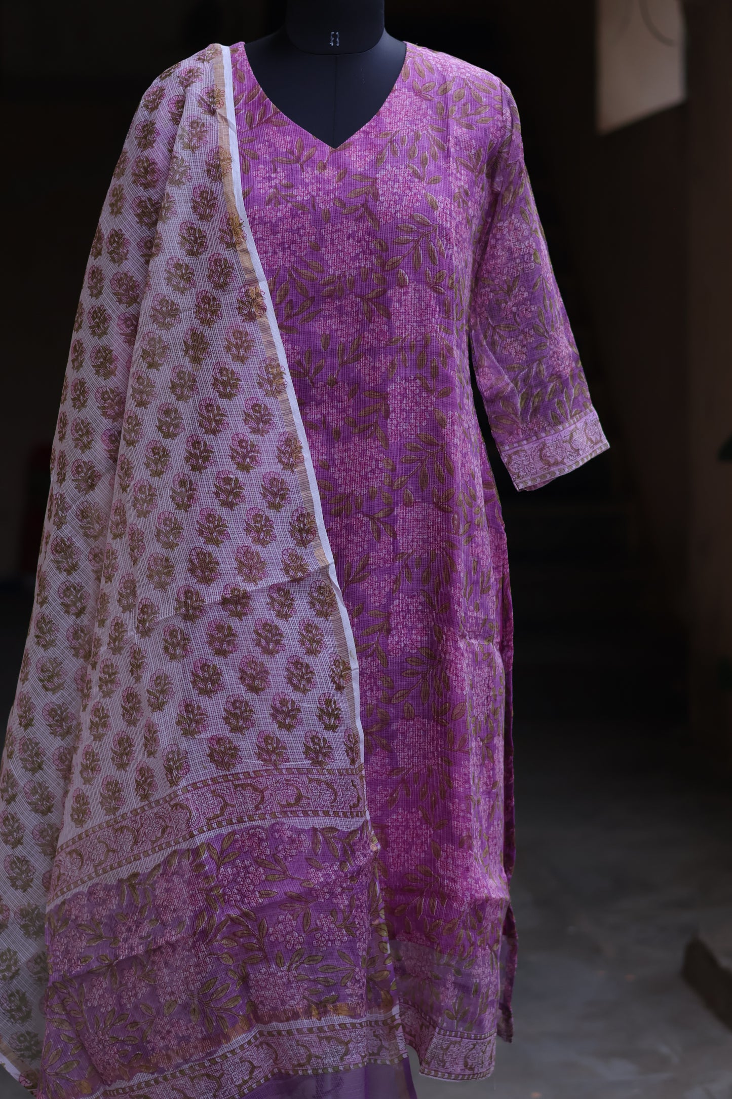 Lavender Handblock printed kota 3 piece suit (stitched)