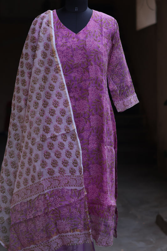 Lavender Handblock printed kota 3 piece suit (stitched)
