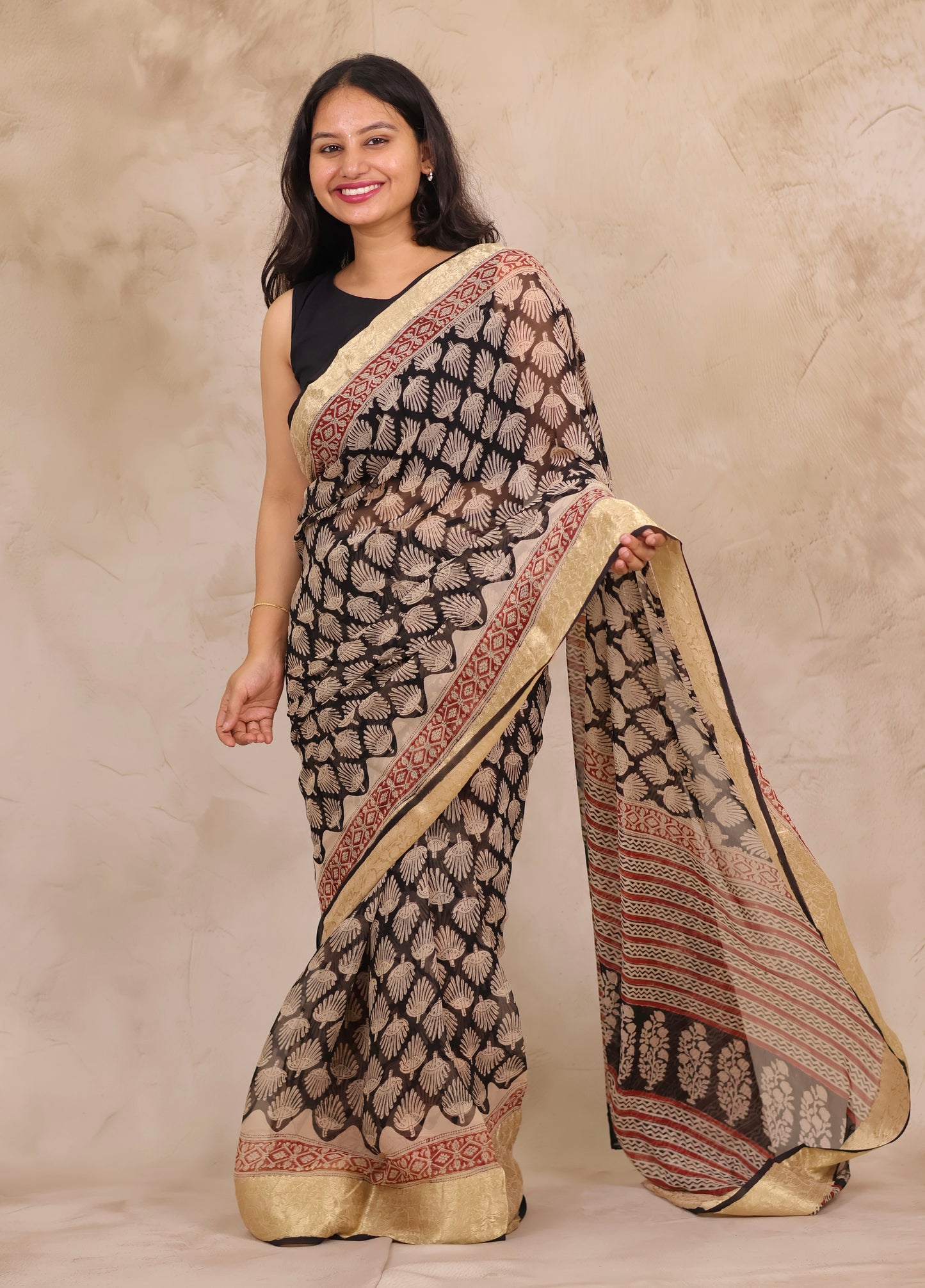 Black Chiffon Hand Block Printed Saree with Jari Border | Looms & Tassels
