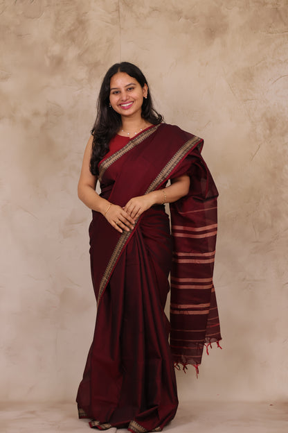 Maroon Narayanpet Cotton Saree | Looms & Tassels